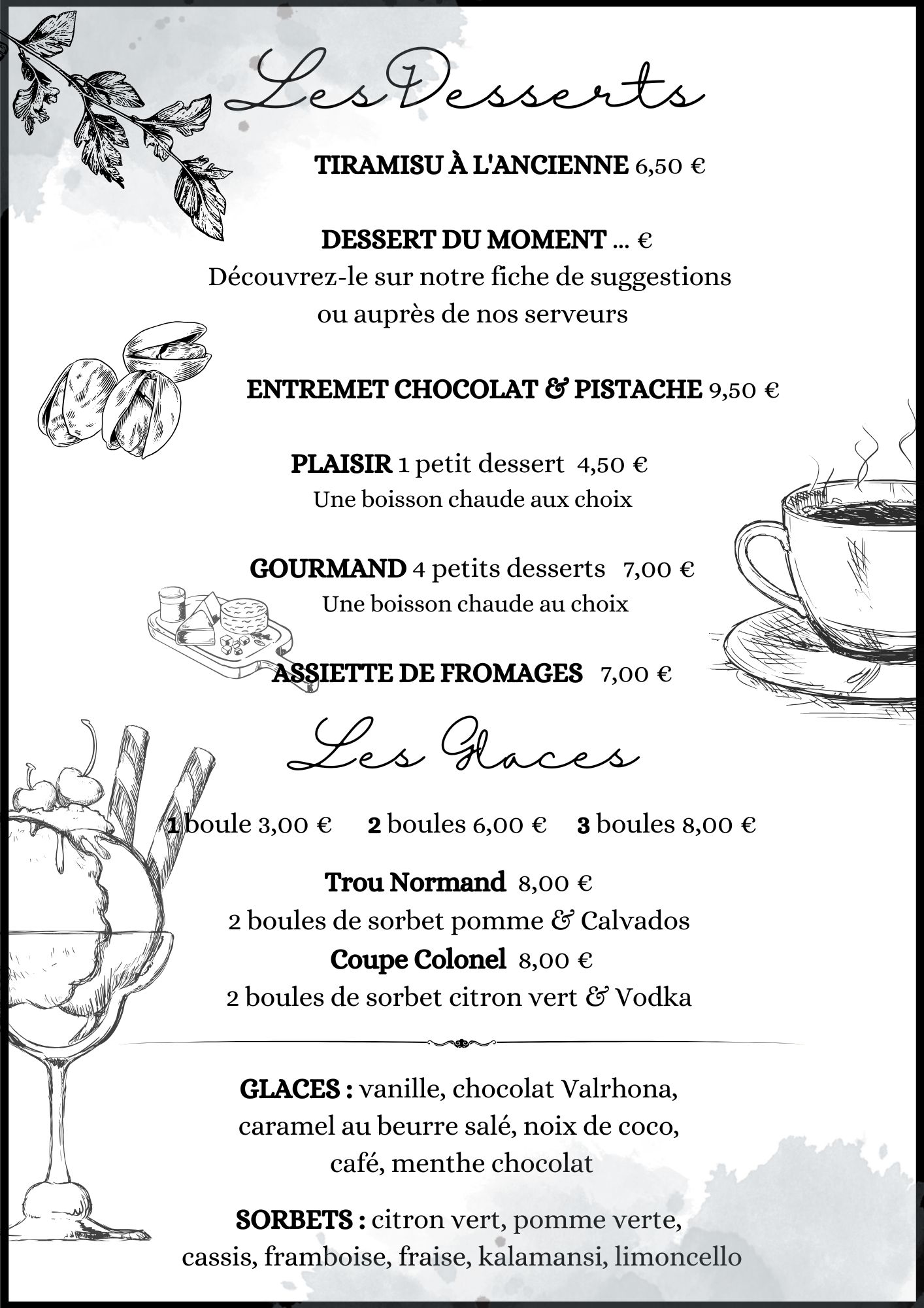 menu des desserts