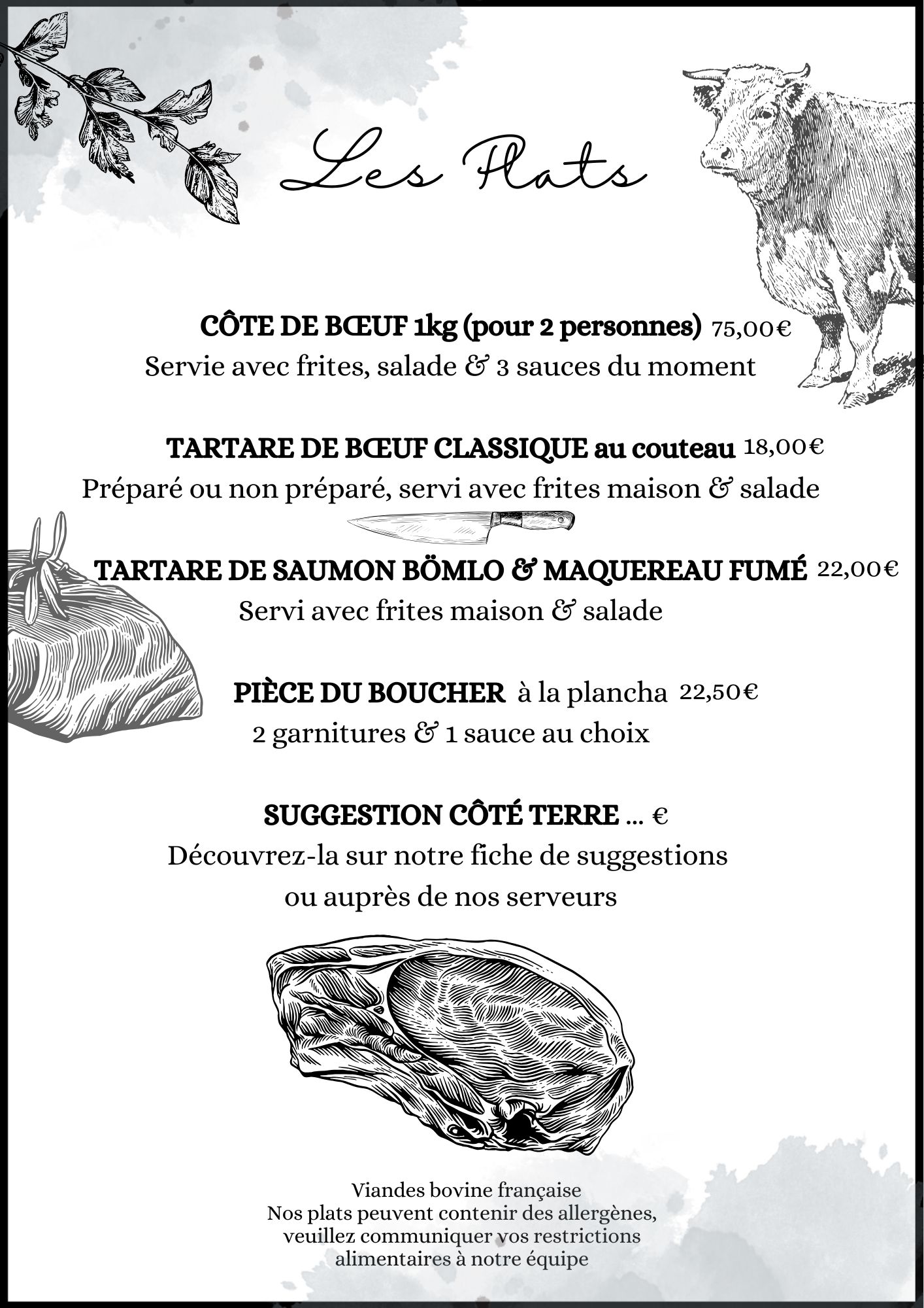 menu des plats