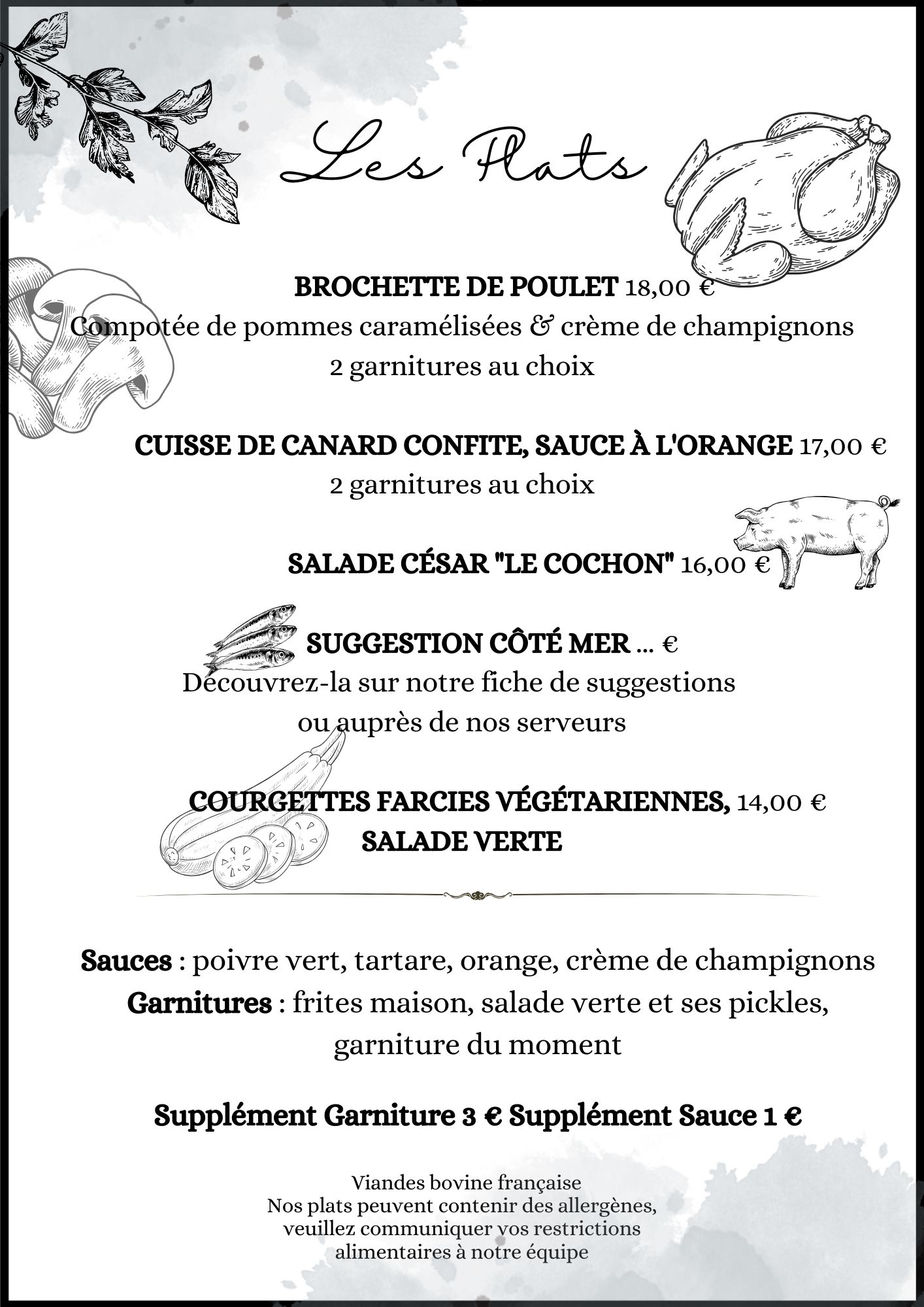 menu des plats